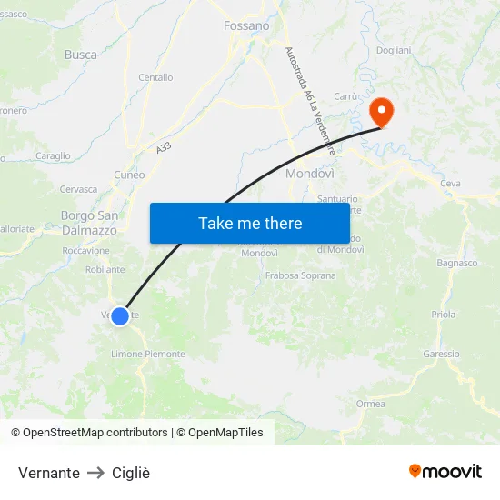 Vernante to Cigliè map