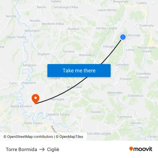 Torre Bormida to Cigliè map