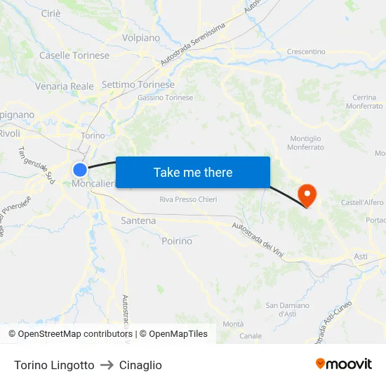 Turin Lingotto to Cinaglio map