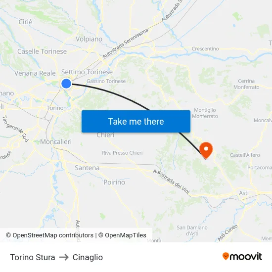 Turin Stura to Cinaglio map