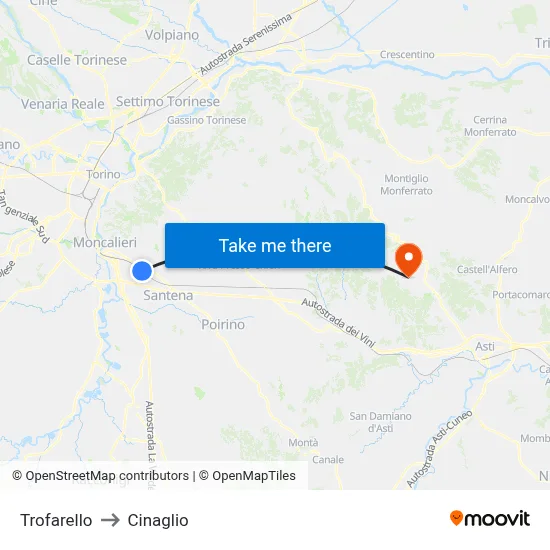 Trofarello to Cinaglio map
