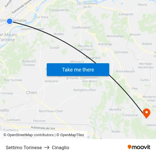 Settimo Torinese to Cinaglio map