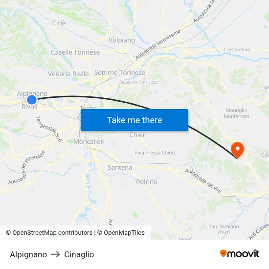 Alpignano to Cinaglio map
