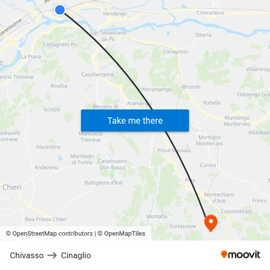 Chivasso to Cinaglio map