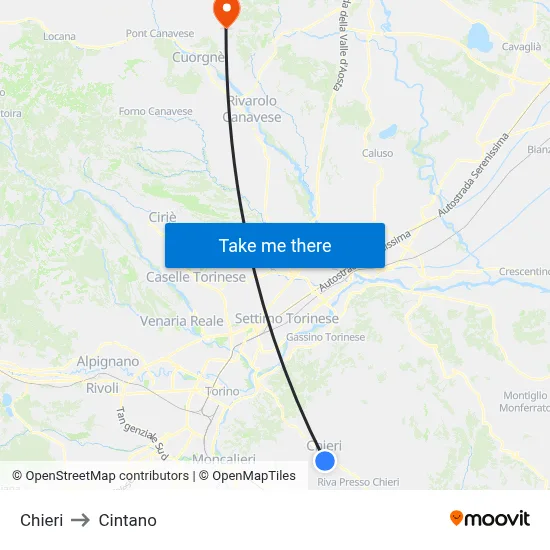 Chieri to Cintano map