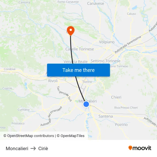 Moncalieri to Ciriè map