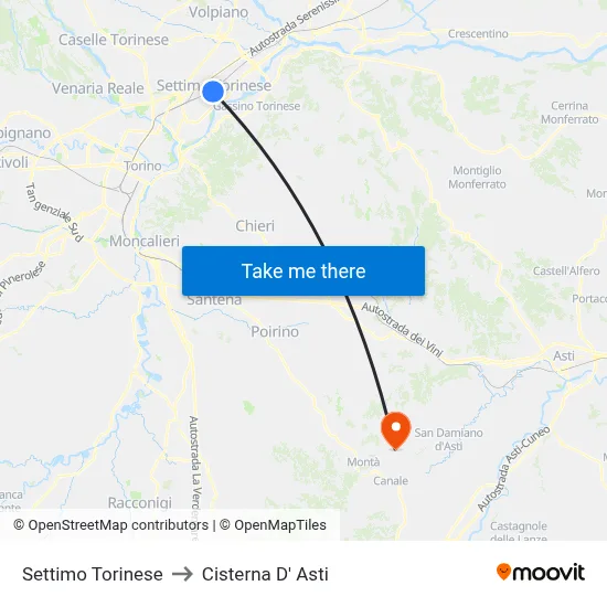 Settimo Torinese to Cisterna d'Asti map