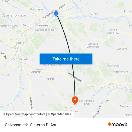 Chivasso to Cisterna d'Asti map