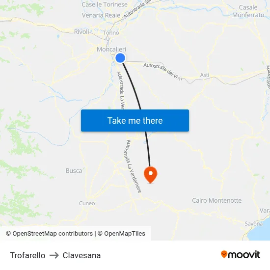 Trofarello to Clavesana map