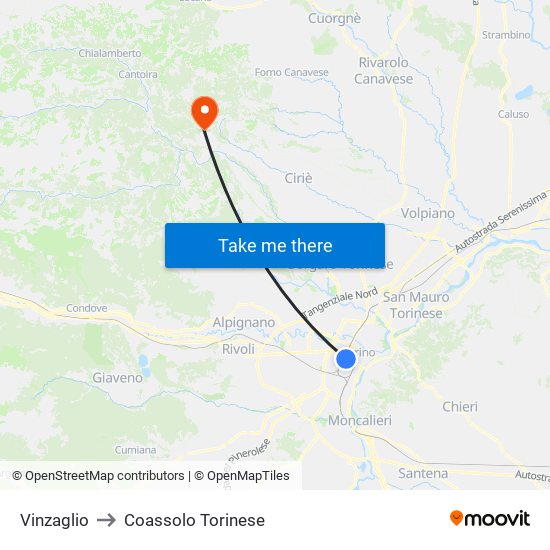 Vinzaglio to Coassolo Torinese map