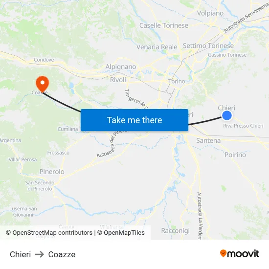 Chieri to Coazze map