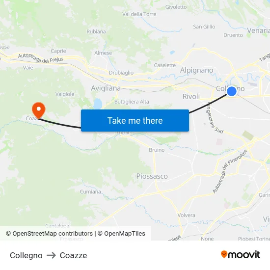 Collegno to Coazze map