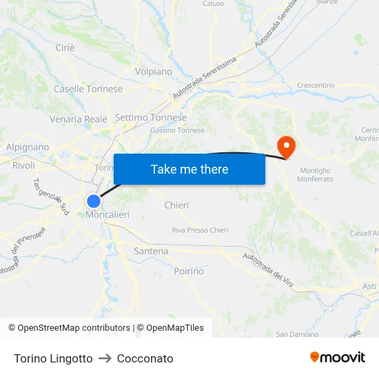 Turin Lingotto to Cocconato map