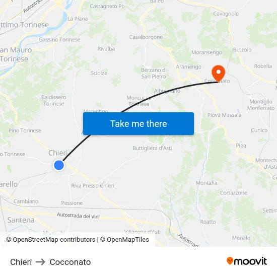 Chieri to Cocconato map