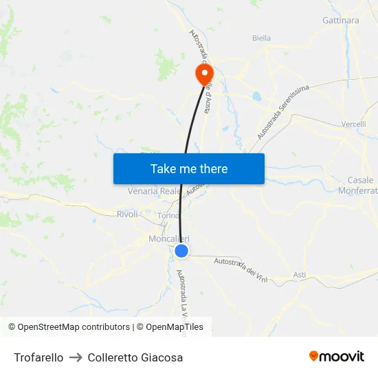 Trofarello to Colleretto Giacosa map