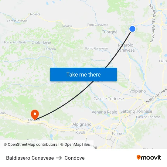 Baldissero Canavese to Condove map