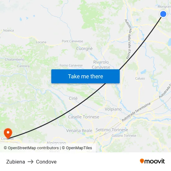 Zubiena to Condove map