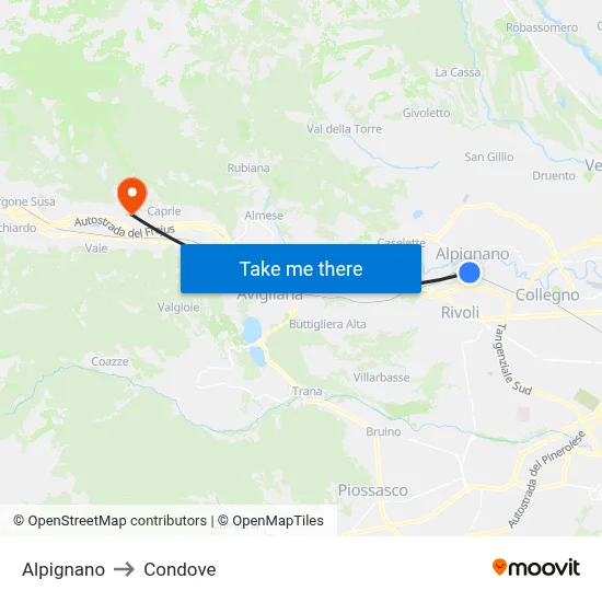 Alpignano to Condove map