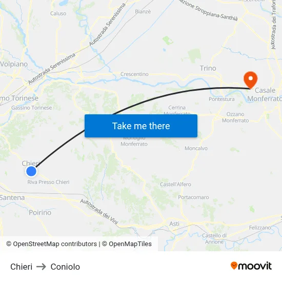 Chieri to Coniolo map