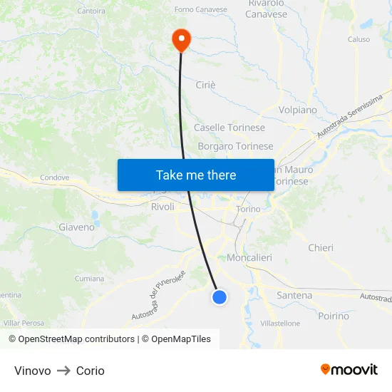 Vinovo to Corio map