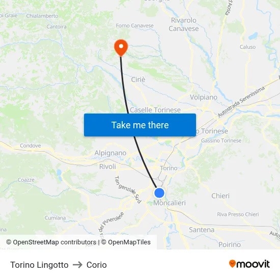 Turin Lingotto to Corio map