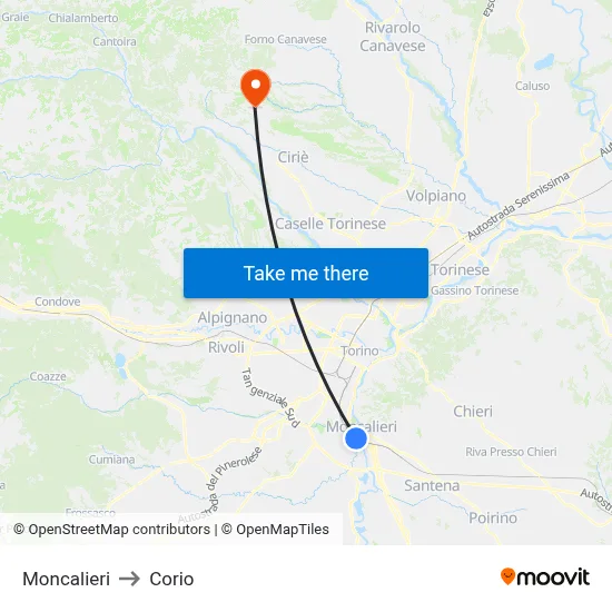 Moncalieri to Corio map