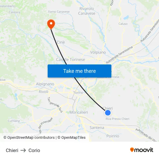 Chieri to Corio map