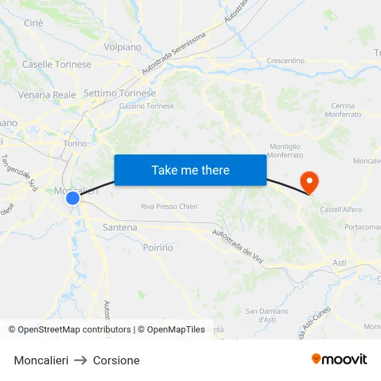 Moncalieri to Corsione map