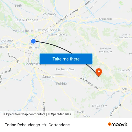 Turin Rebaudengo to Cortandone map