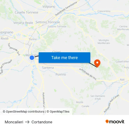 Moncalieri to Cortandone map