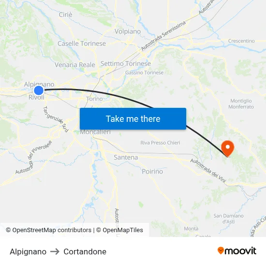 Alpignano to Cortandone map