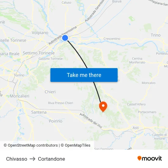 Chivasso to Cortandone map