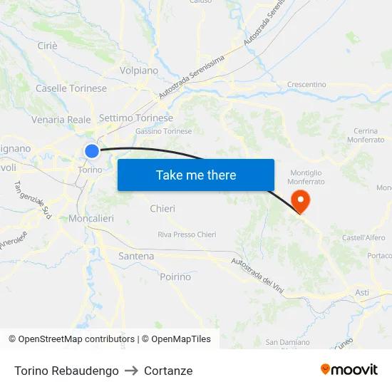 Turin Rebaudengo to Cortanze map