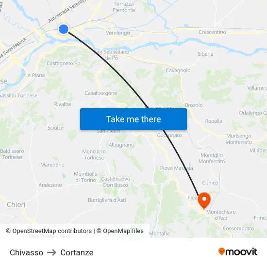 Chivasso to Cortanze map