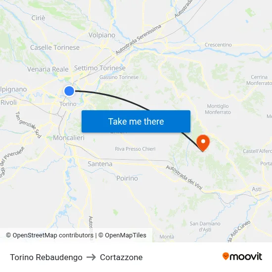 Turin Rebaudengo to Cortazzone map