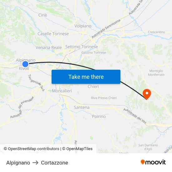 Alpignano to Cortazzone map
