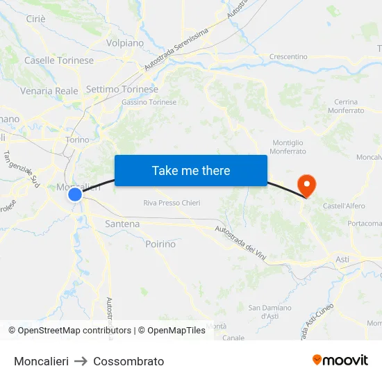 Moncalieri to Cossombrato map