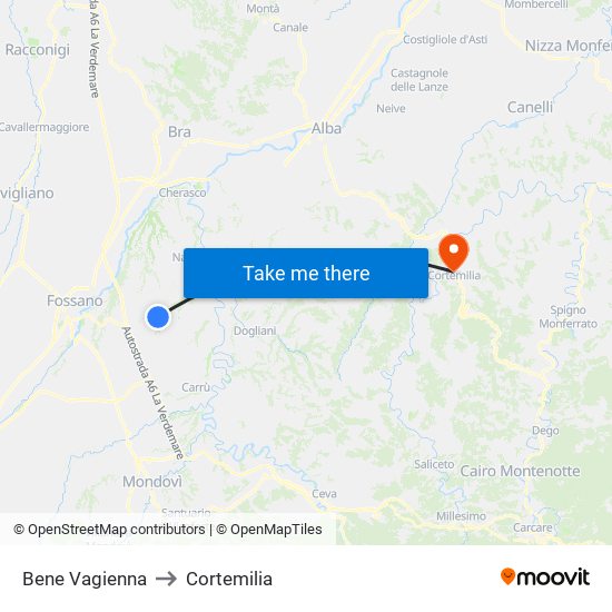 Bene Vagienna to Cortemilia map