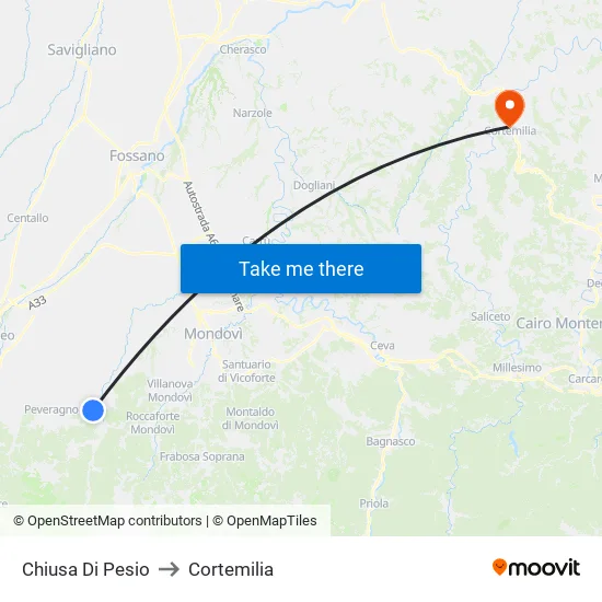 Chiusa Di Pesio to Cortemilia map