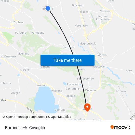 Borriana to Cavaglià map