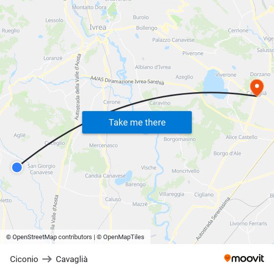 Ciconio to Cavaglià map