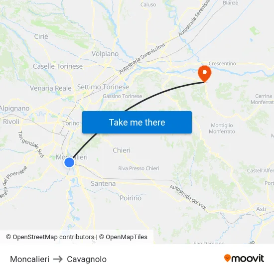 Moncalieri to Cavagnolo map