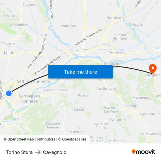 Turin Stura to Cavagnolo map