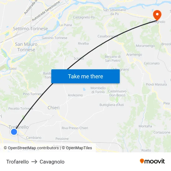 Trofarello to Cavagnolo map
