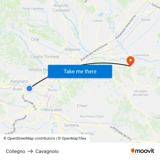 Collegno to Cavagnolo map
