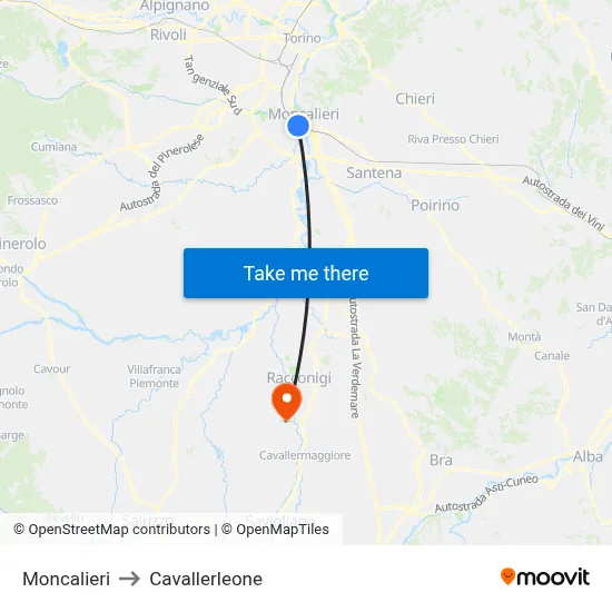 Moncalieri to Cavallerleone map