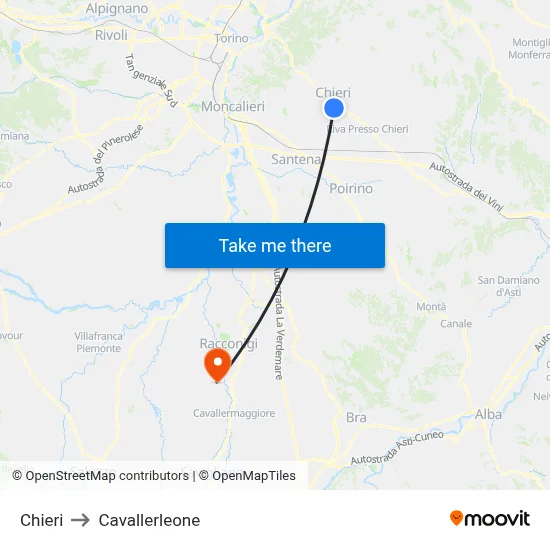 Chieri to Cavallerleone map