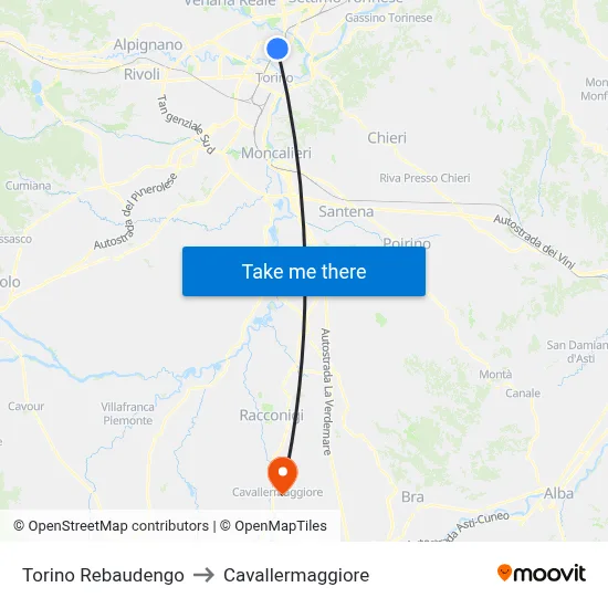 Turin Rebaudengo to Cavallermaggiore map
