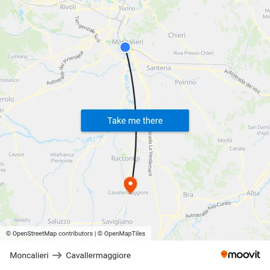 Moncalieri to Cavallermaggiore map