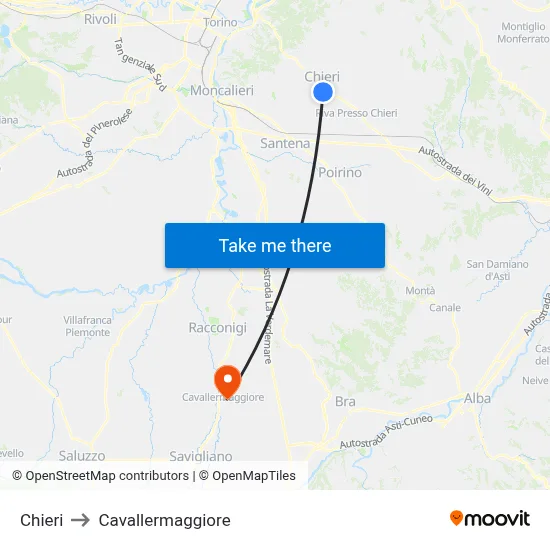 Chieri to Cavallermaggiore map